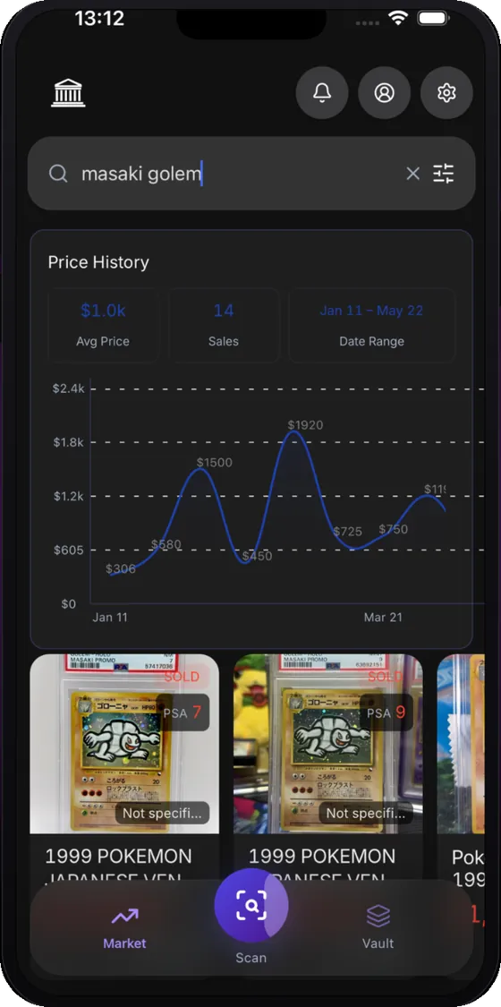 BankTCG price history screen showing real sold comps for a card